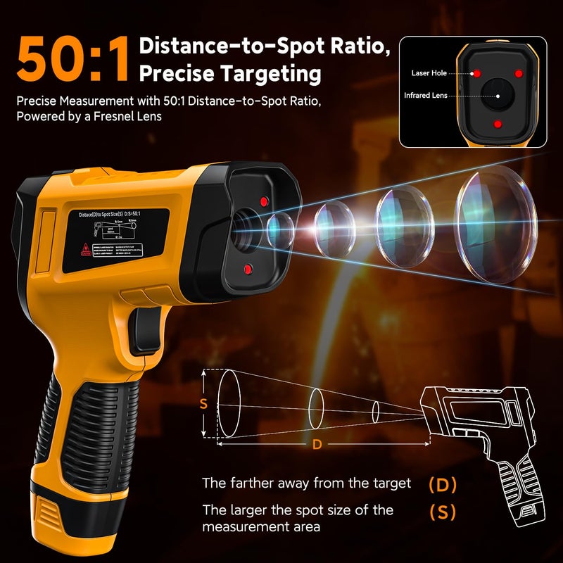 SURPEER -58°F to 3992°F Infrared Thermometer IR Gun, High-Temp Digital Temperature Gun 50:1 Non-Contact Pyrometer & Triple Laser for Kiln, Forge, Furnace, Engine, HVAC, Industrial Use - Image 2